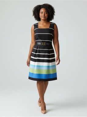 Dorothy Perkins Sheath Dress Sleeveless Black White Green Blue Stripes Size 14